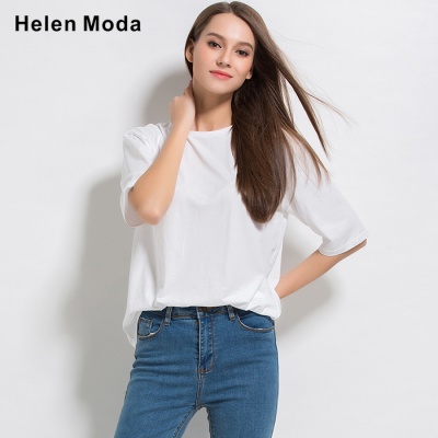 helen moda 女式时尚宽松短袖t恤简约风格圆领纯色欧美风上衣t恤 t